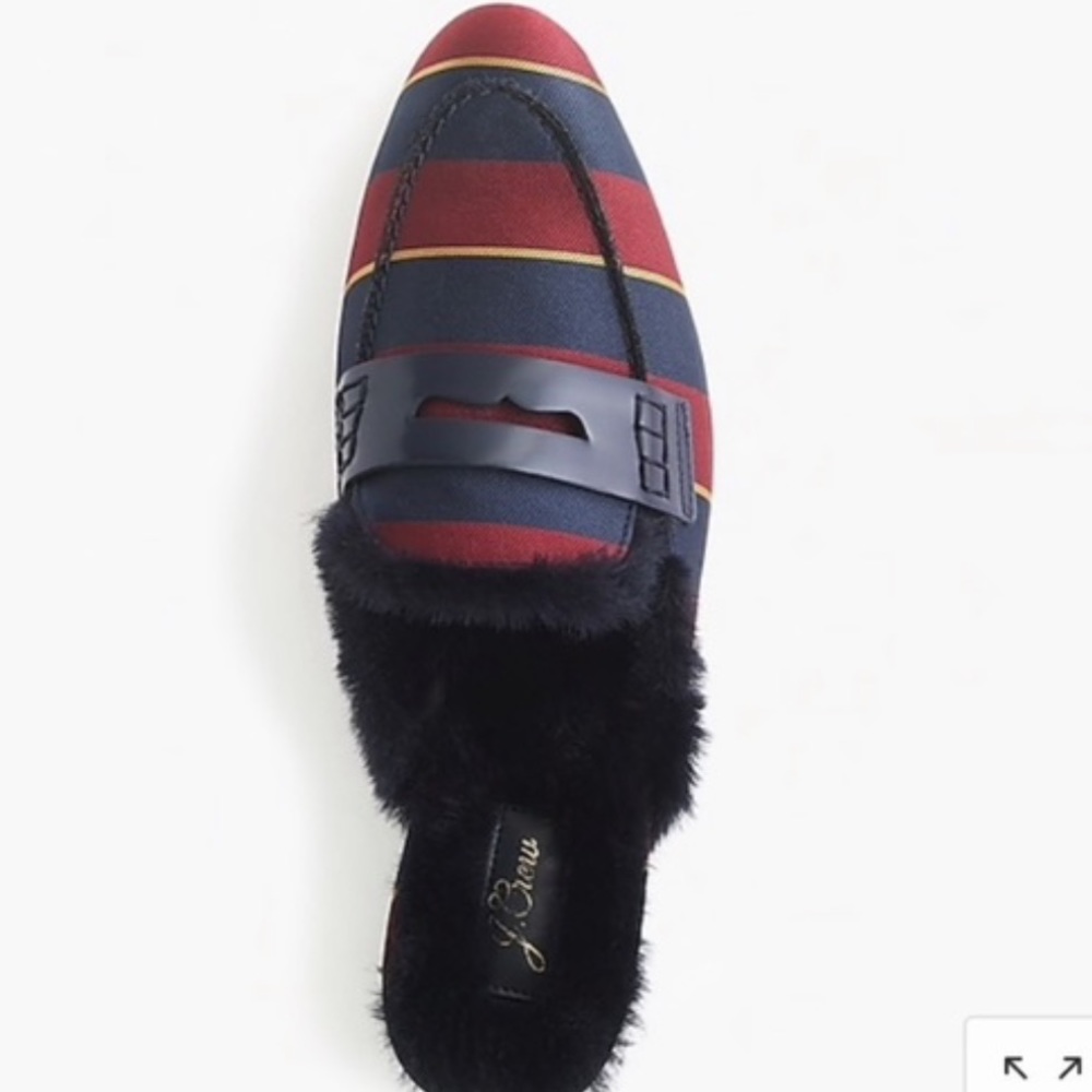 J. CREW Academy Navy Burgundy Satin Silk Striped Faux Fur Mules